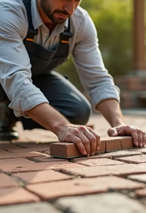 paver worker laying out bricks