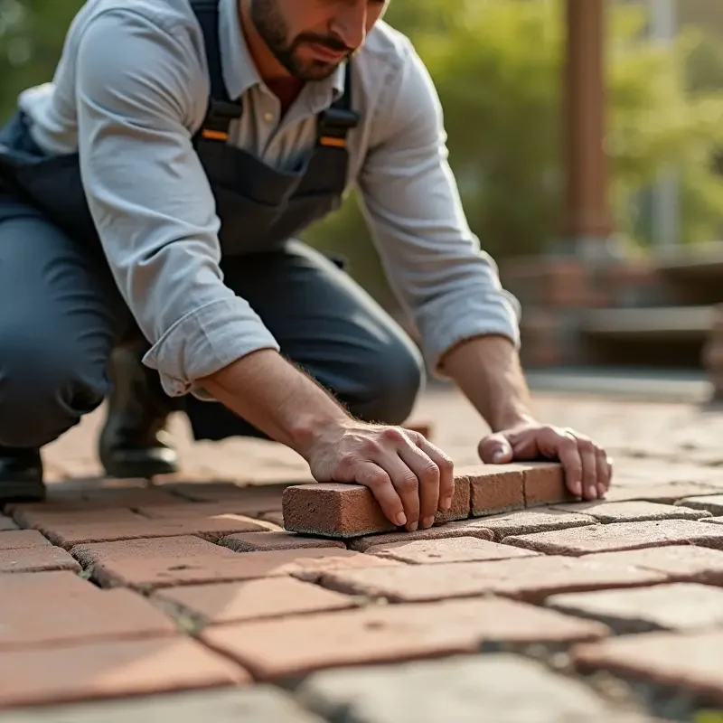 paver worker laying out bricks
