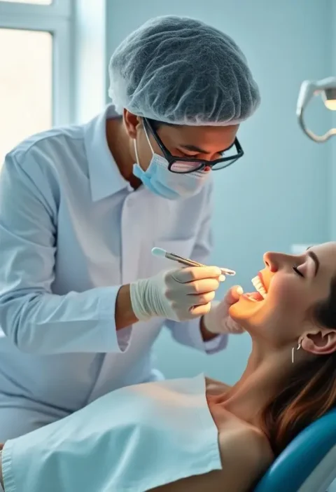 Dentist examining woman teeth in clinic