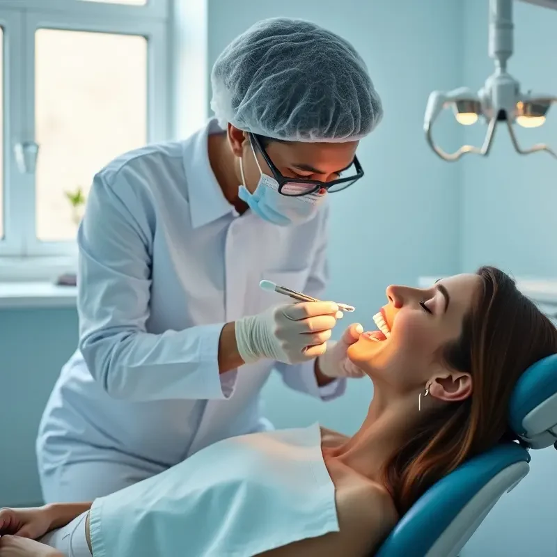 Dentist examining woman teeth in clinic