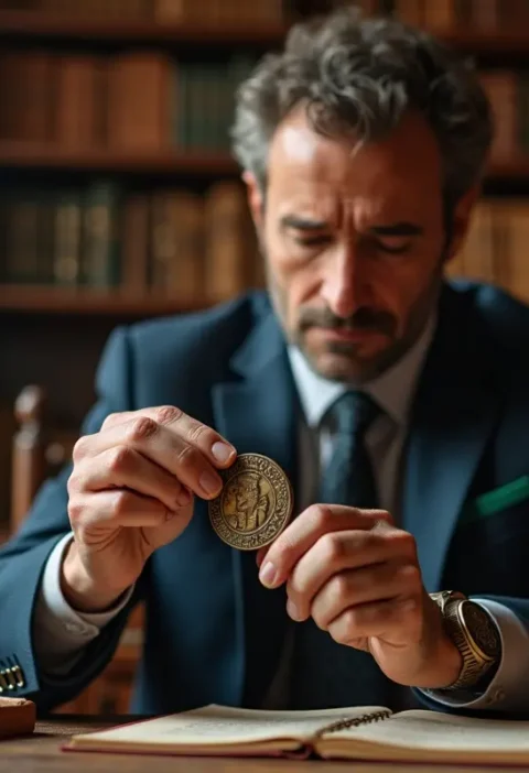 collector consulting expert auctioneer to determine valuable coin worth