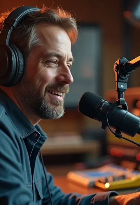 announcers with radio microphone and earphones