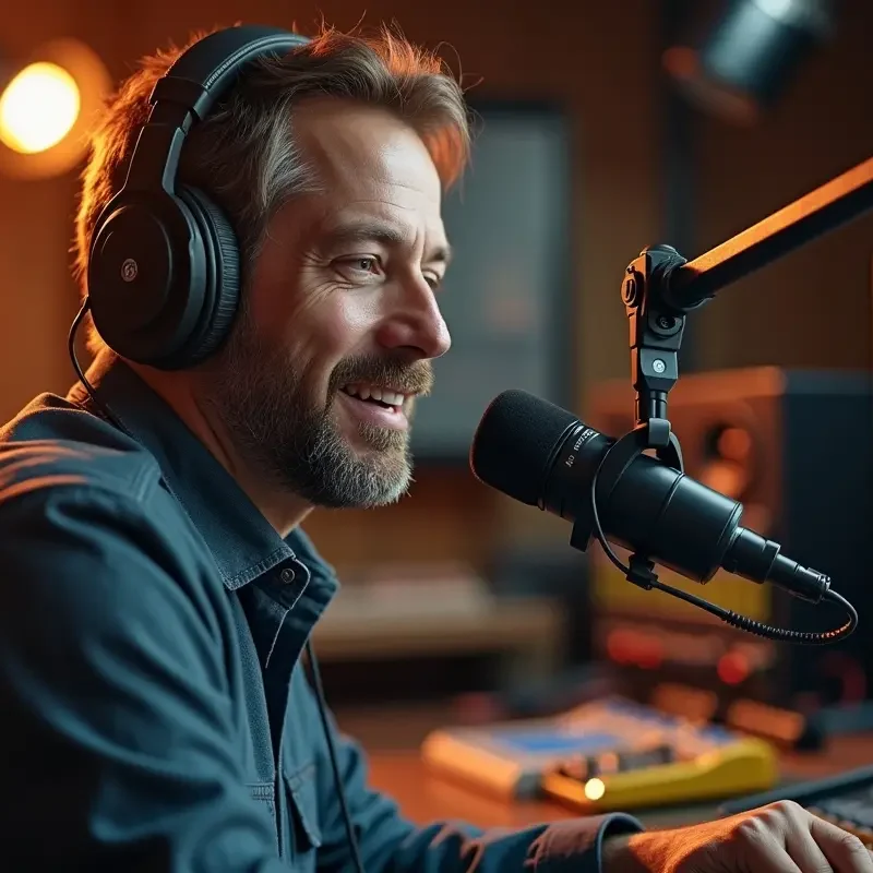 announcers with radio microphone and earphones