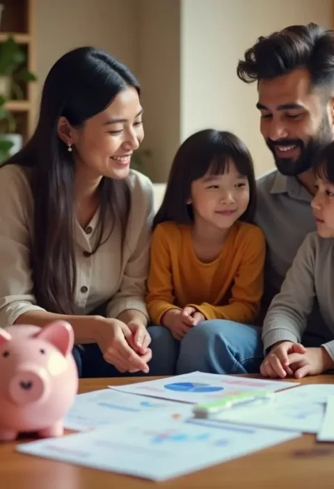 family sitting together talking about future education plan saving