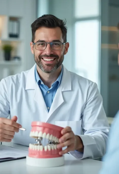 teeth implant being shown by dentist for oral health
