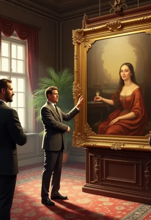 person showing painting to clients in auction house