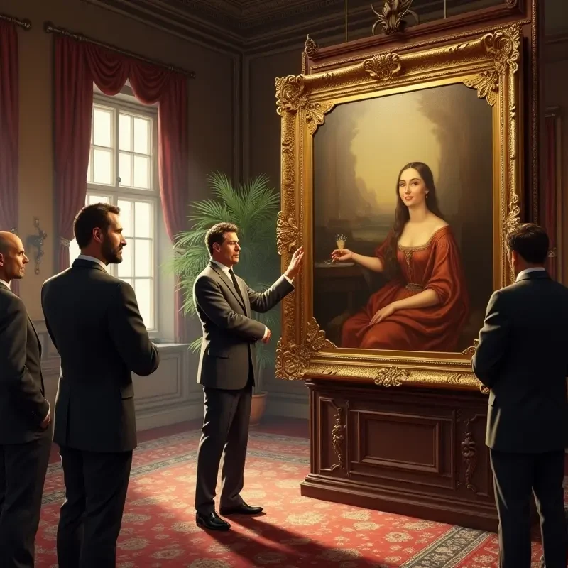 person showing painting to clients in auction house