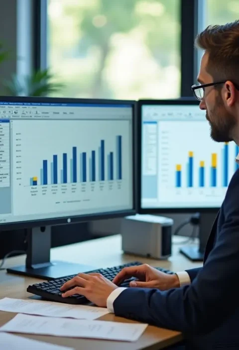 analyst building financial model using spreadsheets for business forecasting