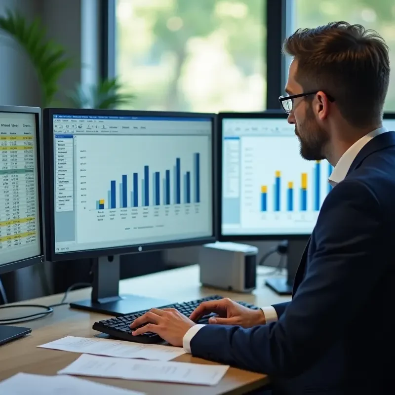 analyst building financial model using spreadsheets for business forecasting