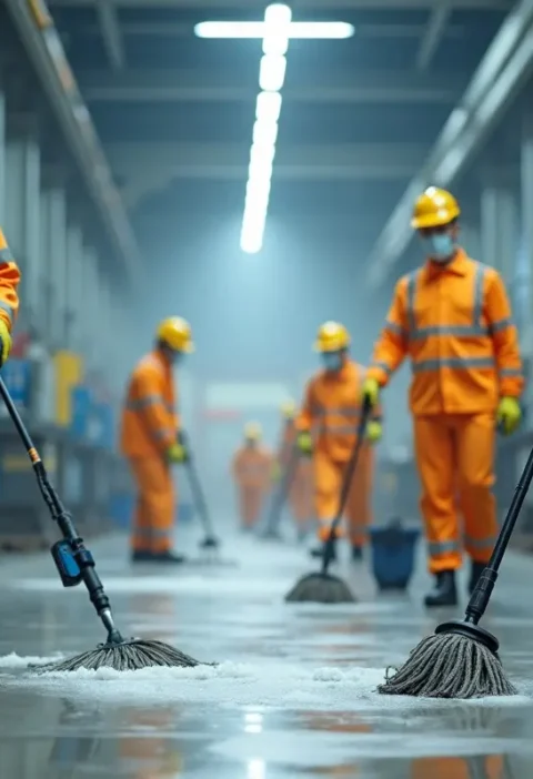 industrial cleaning crew maintaining workplace safety and hygiene standards