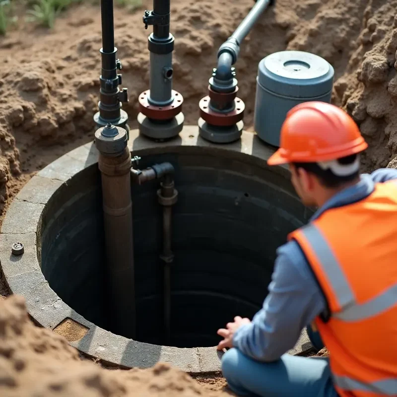 technician inspecting water well system for repair warning signs