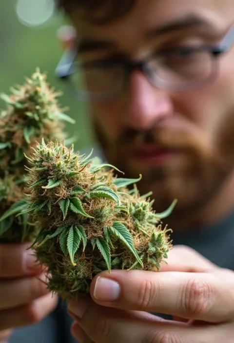 consumer examining anatomy of high quality cannabis buds and features