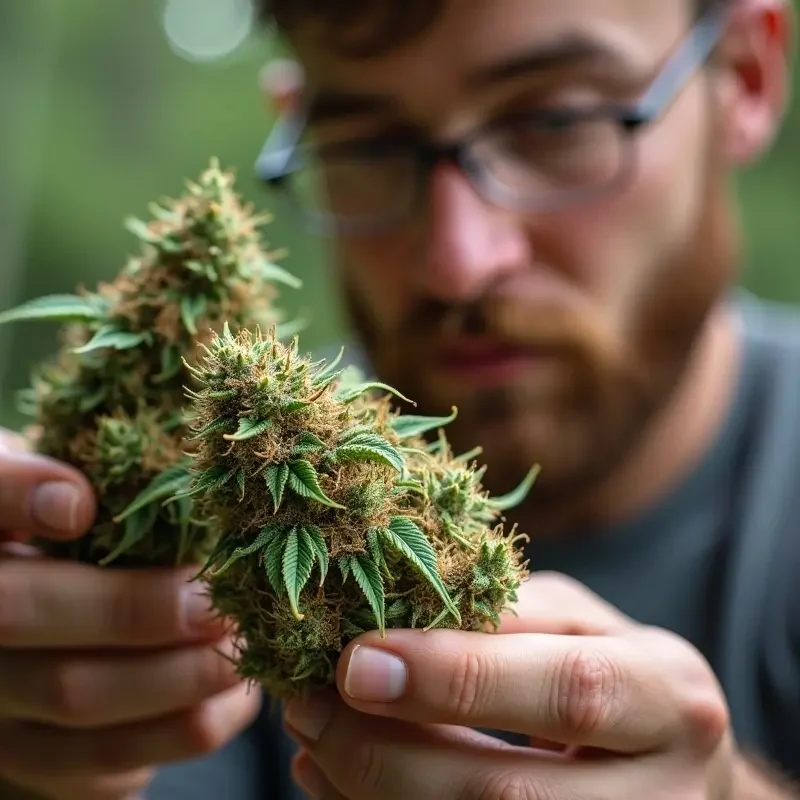 consumer examining anatomy of high quality cannabis buds and features