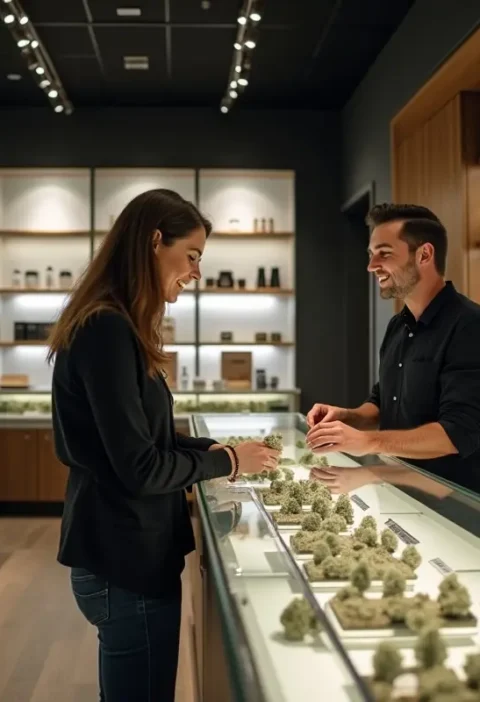 customer exploring premium cannabis products inside a modern dispensary