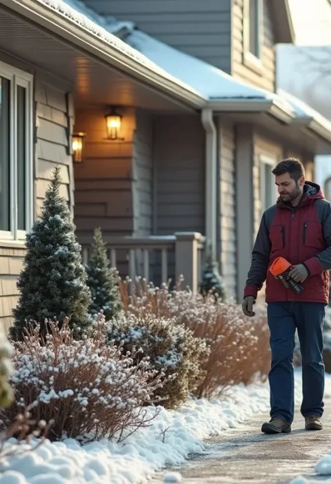 homeowner preparing home and garden for safe winter conditions