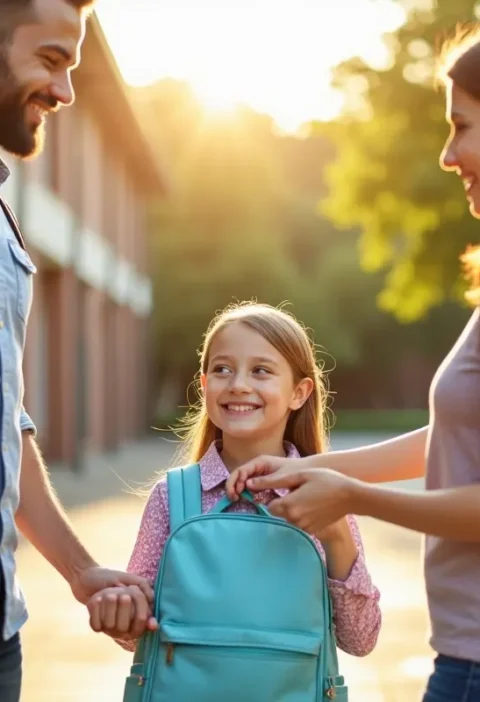 Smiling parents hand a light blue school backpack to their young daughter outside. Co‑Parent After Divorce https://angelagallo.com/