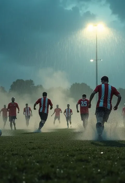 football players competing during challenging weather conditions